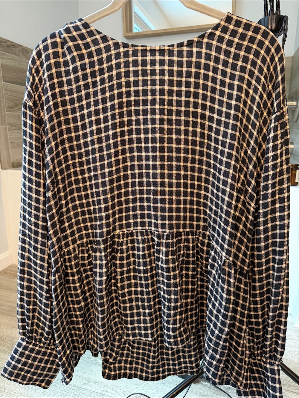 Madewell Black and Tan Checked Peplum Top